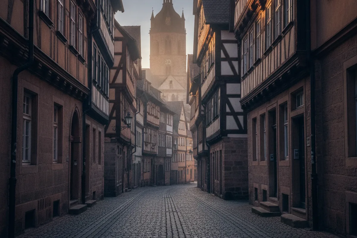 Kopfsteinpflaster-Gasse in einer deutschen Altstadt — sinnbildlich für generische Tourismusstrategien ohne Orts-Tiefe