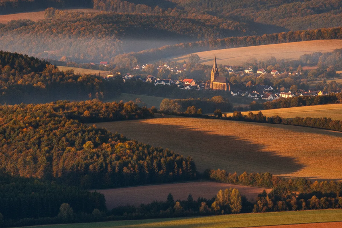 Südharz-Landschaft mit Kirchturm über einem Tal — sinnbildlich für den stillen Helfta-Mystik-Strom mit Exerzitien und geistlicher Begleitung