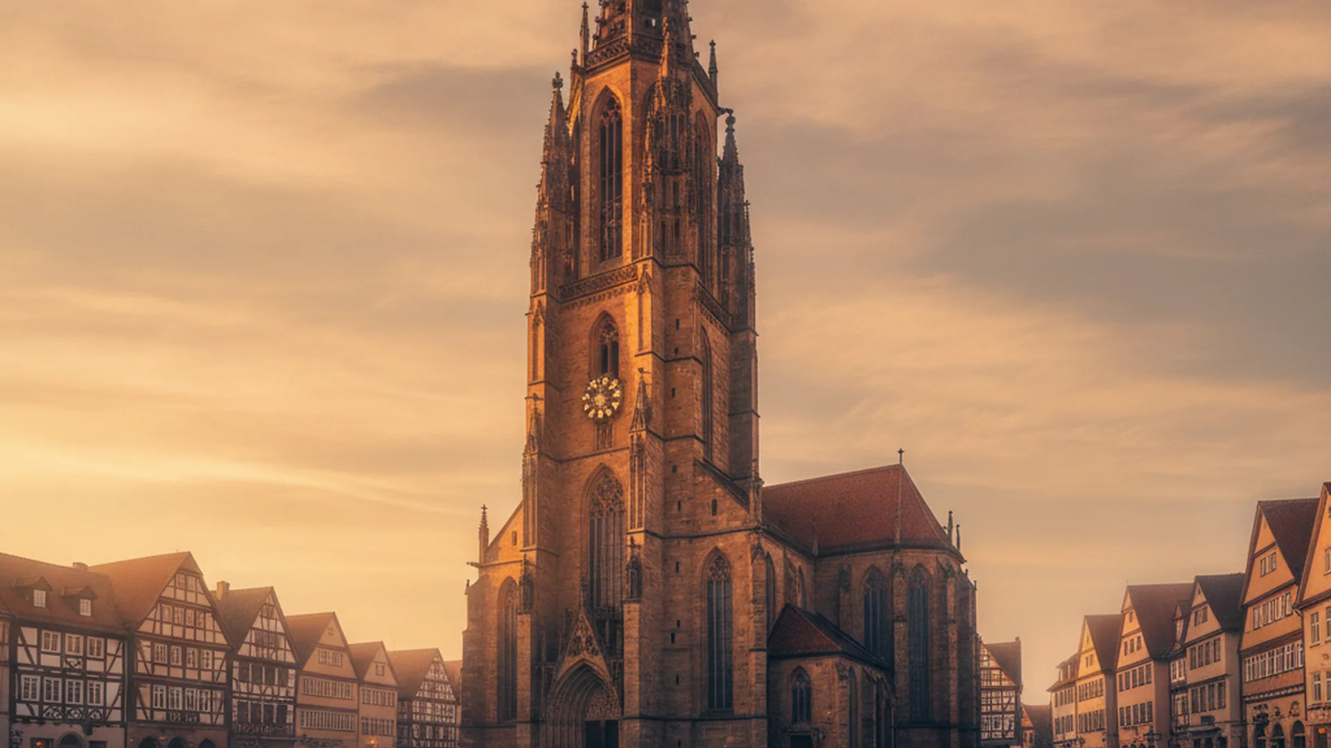 Gotische Reformationskirche mit hohem Turm im Abendlicht — sinnbildlich für UNESCO-Welterbe Lutherstätten in Lutherstadt Eisleben